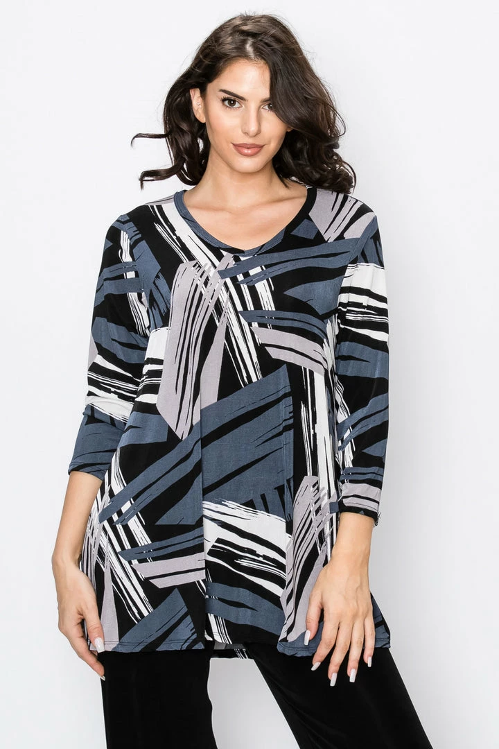 Jostar Stretchy V-Nk Binding Tunic Top Quarter Sleeve Print-347BN-QXP1-W037