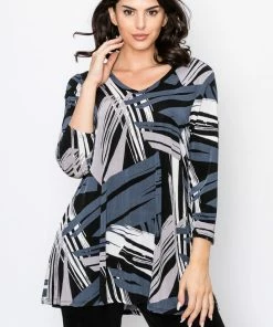 Jostar Stretchy V-Nk Binding Tunic Top Quarter Sleeve Print-347BN-QXP1-W037