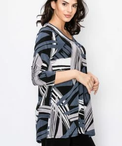 Jostar Stretchy V-Nk Binding Tunic Top Quarter Sleeve Print-347BN-QXP1-W037