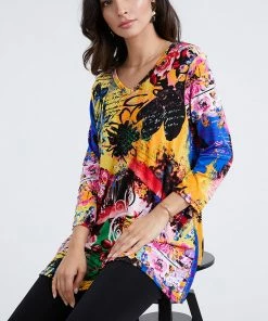 Jostar Stretchy V-Nk Binding Tunic Top Quarter Sleeve Print-347BN-QXP1-W169 Tops