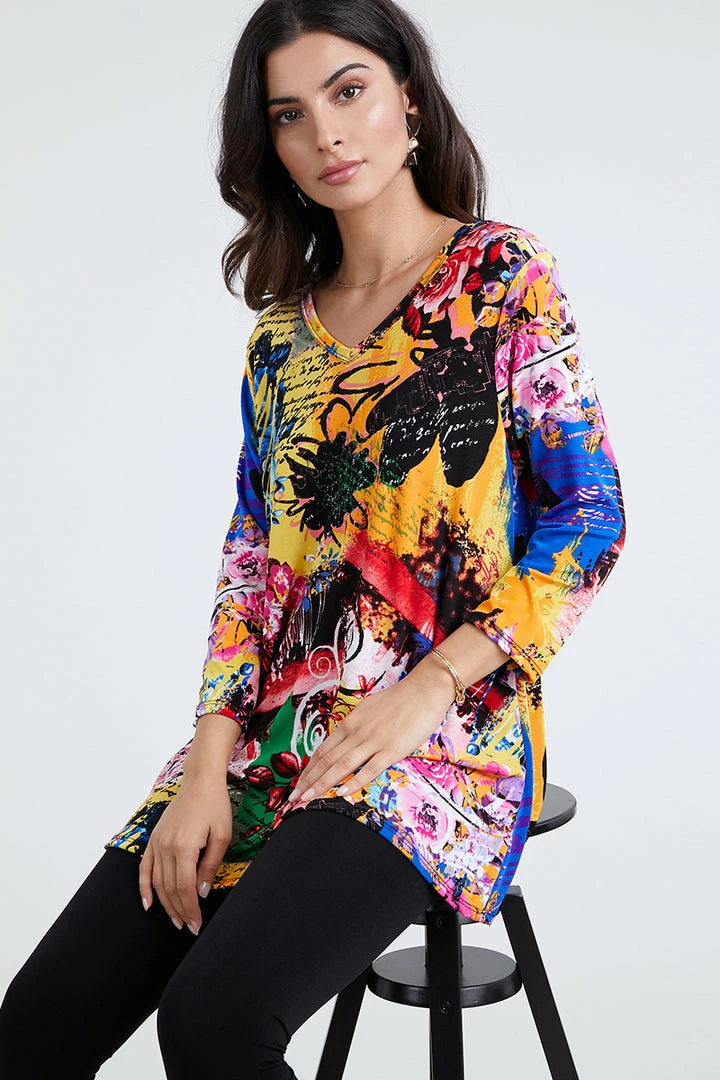 Jostar Stretchy V-Nk Binding Tunic Top Quarter Sleeve Print-347BN-QXP1-W169 Tops