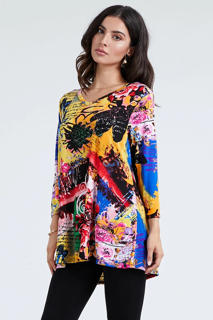 Jostar Stretchy V-Nk Binding Tunic Top Quarter Sleeve Print-347BN-QXP1-W169 Tops