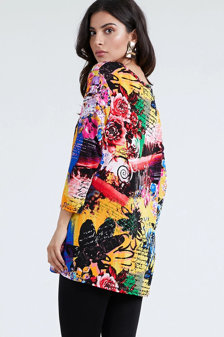 Jostar Stretchy V-Nk Binding Tunic Top Quarter Sleeve Print-347BN-QXP1-W169 Tops