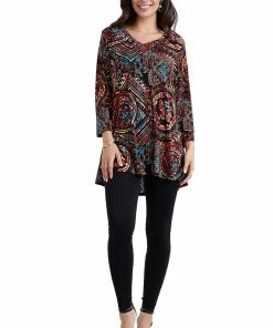 Jostar Women's Stretchy V-Nk Binding Tunic Top Quarter Sleeve Print-347BN-QRP1-W014 Quarter Sleeves