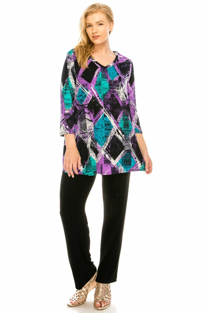 Jostar Women's Stretchy V-Nk Binding Tunic Top Quarter Sleeve Print-347BN-QRP1-W180