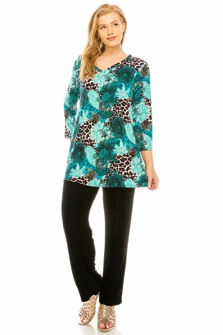Quarter Sleeves Jostar Women's Stretchy V-Nk Binding Tunic Top Quarter Sleeve Print-347BN-QRP1-W188