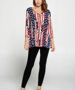 Jostar Quarter Sleeves Hit American Print V-Neck Binding Tunic Top Quarter Sleeve Print-347HT-QRP1-W297