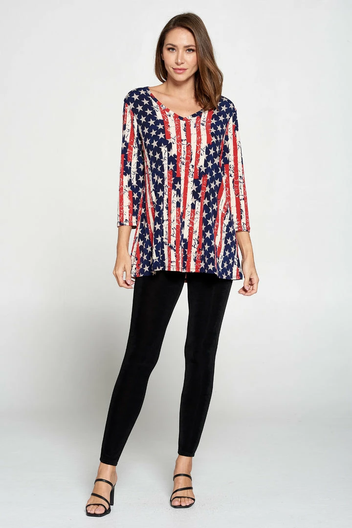 Jostar Quarter Sleeves Hit American Print V-Neck Binding Tunic Top Quarter Sleeve Print-347HT-QRP1-W297