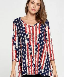 Jostar Quarter Sleeves Hit American Print V-Neck Binding Tunic Top Quarter Sleeve Print-347HT-QRP1-W297