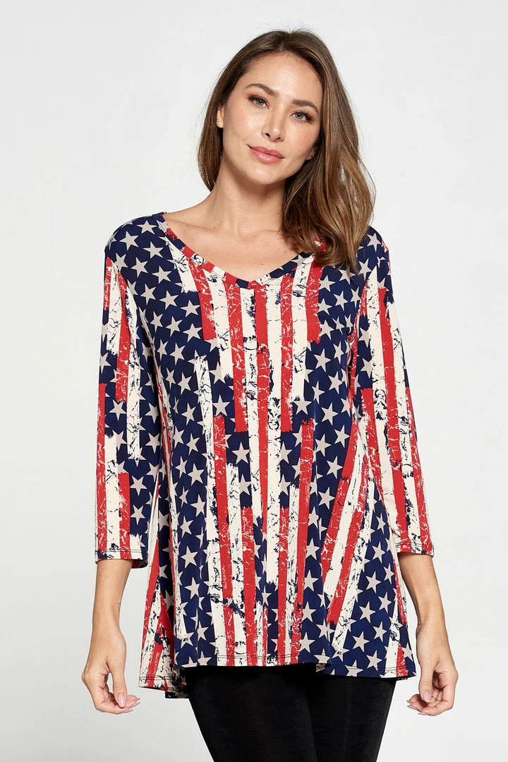 Jostar Quarter Sleeves Hit American Print V-Neck Binding Tunic Top Quarter Sleeve Print-347HT-QRP1-W297