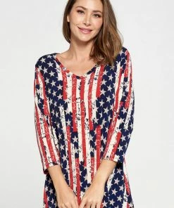 Jostar Quarter Sleeves Hit American Print V-Neck Binding Tunic Top Quarter Sleeve Print-347HT-QRP1-W297