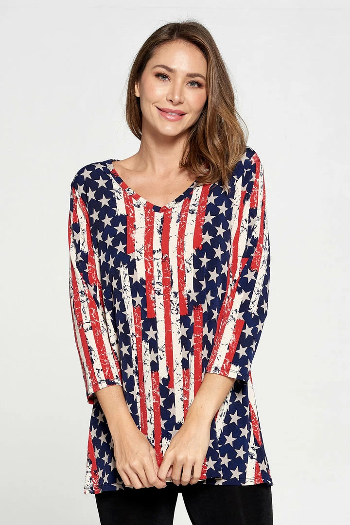 Jostar Quarter Sleeves Hit American Print V-Neck Binding Tunic Top Quarter Sleeve Print-347HT-QRP1-W297