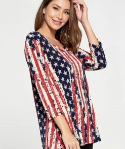 Jostar Quarter Sleeves Hit American Print V-Neck Binding Tunic Top Quarter Sleeve Print-347HT-QRP1-W297