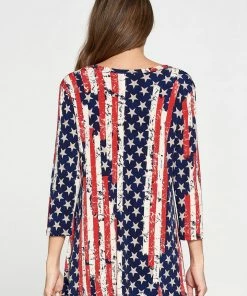 Jostar Quarter Sleeves Hit American Print V-Neck Binding Tunic Top Quarter Sleeve Print-347HT-QRP1-W297