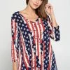 Jostar Quarter Sleeves Hit American Print V-Neck Binding Tunic Top Quarter Sleeve Print-347HT-QRP1-W297