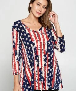 Jostar Quarter Sleeves Hit American Print V-Neck Binding Tunic Top Quarter Sleeve Print-347HT-QRP1-W297