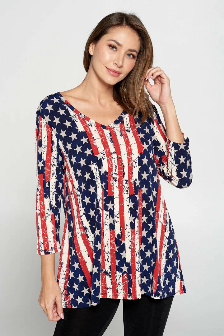 Jostar Quarter Sleeves Hit American Print V-Neck Binding Tunic Top Quarter Sleeve Print-347HT-QRP1-W297