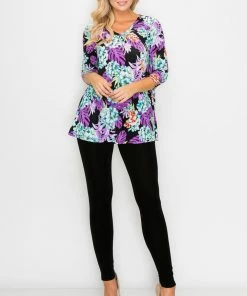 Jostar Online Jostar Women's HIT V-Neck Binding Tunic Top Quarter Sleeve Print-347HT-QRP1-W922 Quarter Sleeves