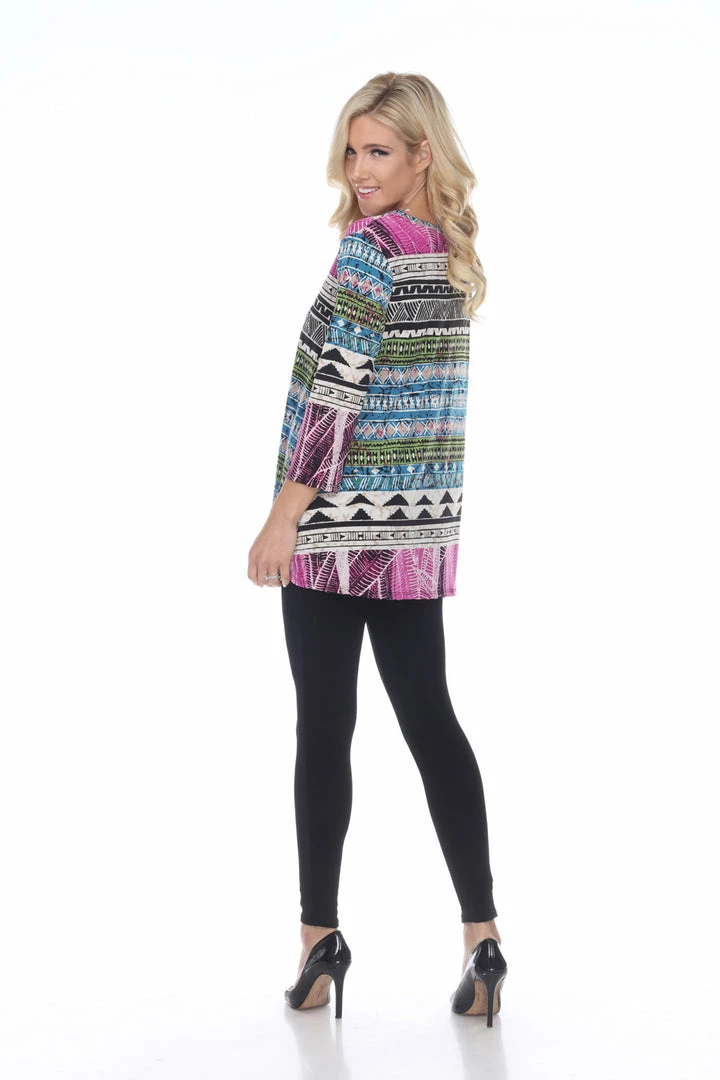 Jostar Women's HIT V-Neck Binding Tunic Top Quarter Sleeve Print, 347HT-QRP1-W958 Quarter Sleeves