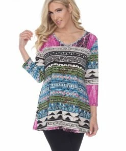 Jostar Women's HIT V-Neck Binding Tunic Top Quarter Sleeve Print, 347HT-QRP1-W958 Quarter Sleeves