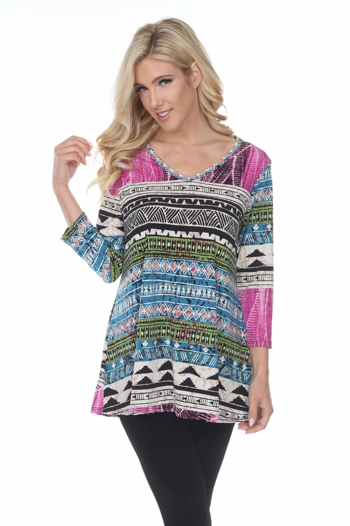 Jostar Women's HIT V-Neck Binding Tunic Top Quarter Sleeve Print, 347HT-QRP1-W958 Quarter Sleeves