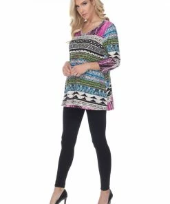 Jostar Women's HIT V-Neck Binding Tunic Top Quarter Sleeve Print, 347HT-QRP1-W958 Quarter Sleeves