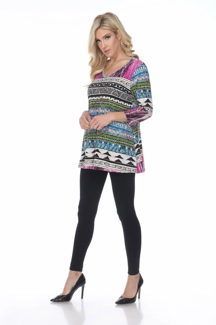 Jostar Women's HIT V-Neck Binding Tunic Top Quarter Sleeve Print, 347HT-QRP1-W958 Quarter Sleeves