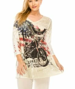 Jostar Women's V-Nk Binding Tunic Top Quarter Sleeve Rhinestones-347HT-QRU1-R-U180