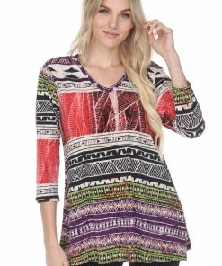 Jostar Women's HIT V-Neck Binding Tunic Top Quarter Sleeve Print, 347HT-QRP1-W958 Quarter Sleeves