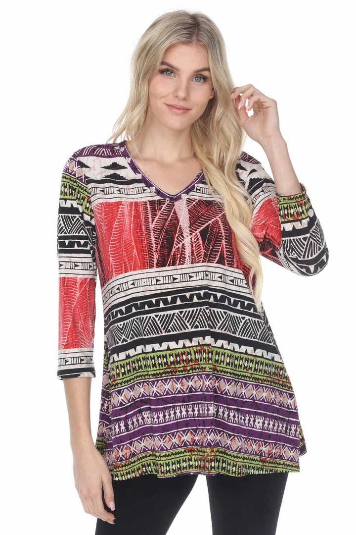 Jostar Women's HIT V-Neck Binding Tunic Top Quarter Sleeve Print, 347HT-QRP1-W958 Quarter Sleeves