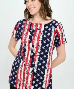 Jostar Online Tops HIT American Print Boat Neckline Short Short Sleeve Top-368HT-SRP1-W297