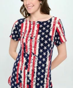 Jostar Online HIT American Print Boat Neckline Short Short Sleeve Top-368HT-SRP1-W297