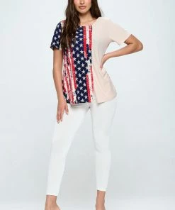 Jostar HIT American Print Contrast Short Sleeve Round NK Top-374HT-SRP1-C-W297 Tops
