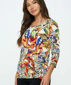 Jostar Tops Three-Quarter-Sleeve Scoop Neckline Tee-381BN-QRP1-W329