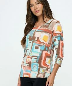 Jostar Tops Three-Quarter-Sleeve Scoop Neckline Tee-381BN-QRP1-W364