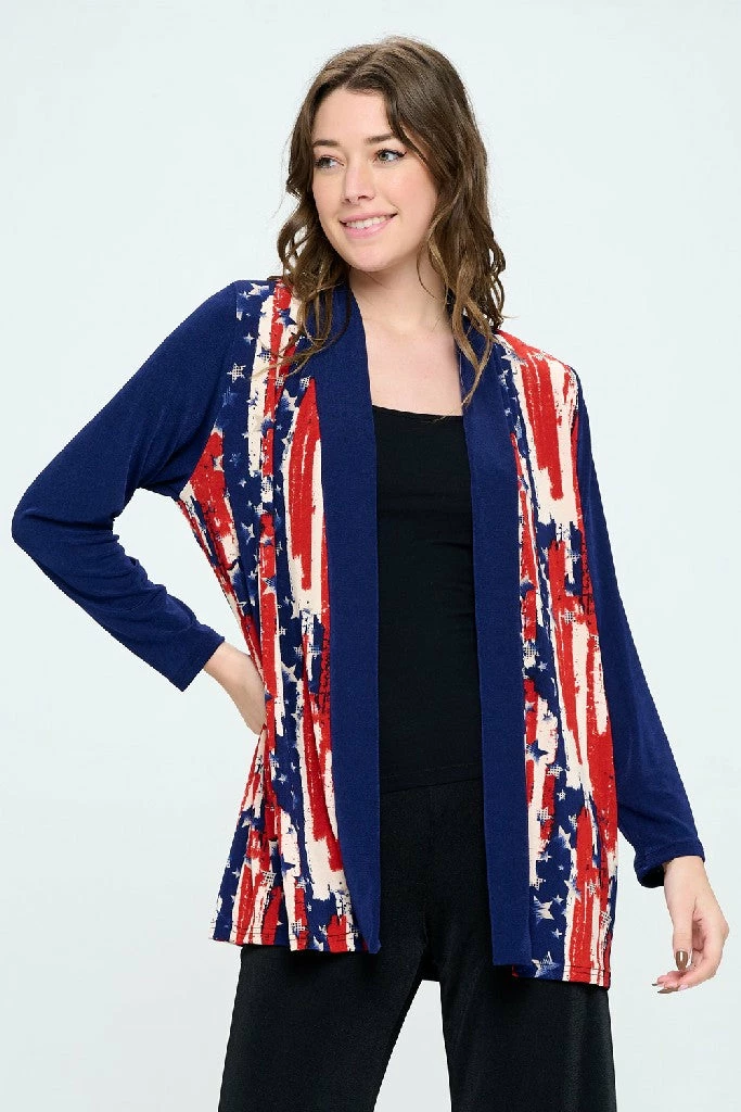 Jostar Online American Print Contrast Long Sleeve Cardigan-480BN-LRP1-CM-W306