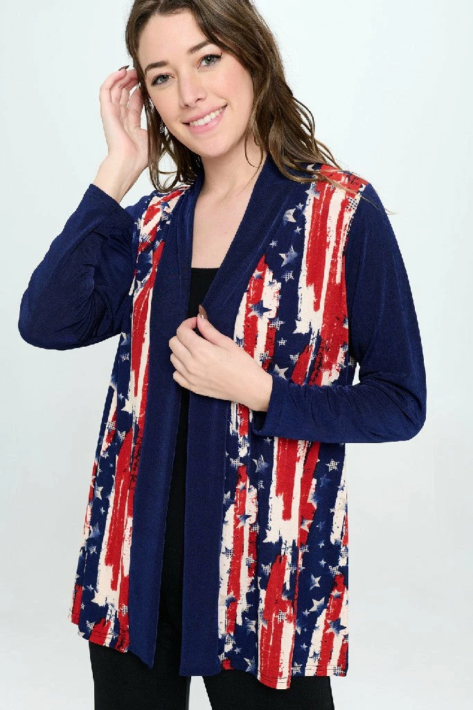 Jostar Online American Print Contrast Long Sleeve Cardigan-480BN-LRP1-CM-W306