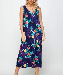 Jostar Plus Size Stretchy Tank Long Dress Sleeveless Plus Print, 700BN-TXP-W301
