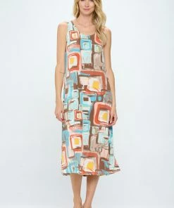 Jostar Neutrals Abstracts Print Long Tank Dress Print -700BN-TRP1-W364