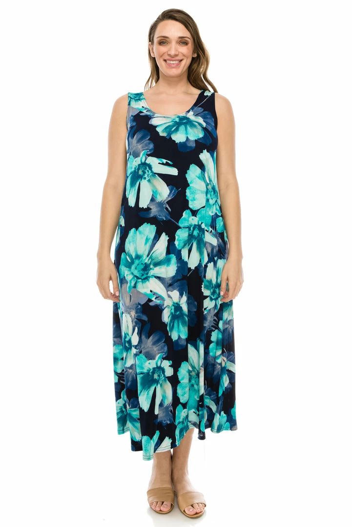 Jostar Women's Stretchy Tank Long Dress Sleeveless Plus Print, 700BN-TXP-W050 Long Length