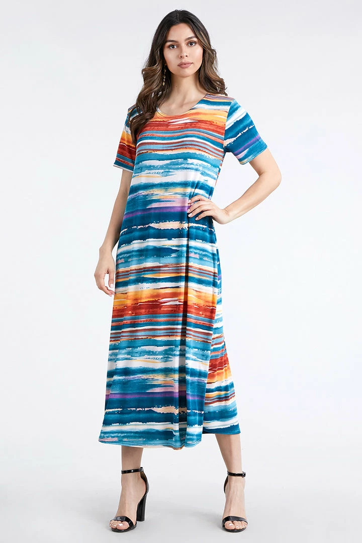 Jostar Stretchy Long Dress Short Sleeve Print-702BN-SRP1-W213 Long Length