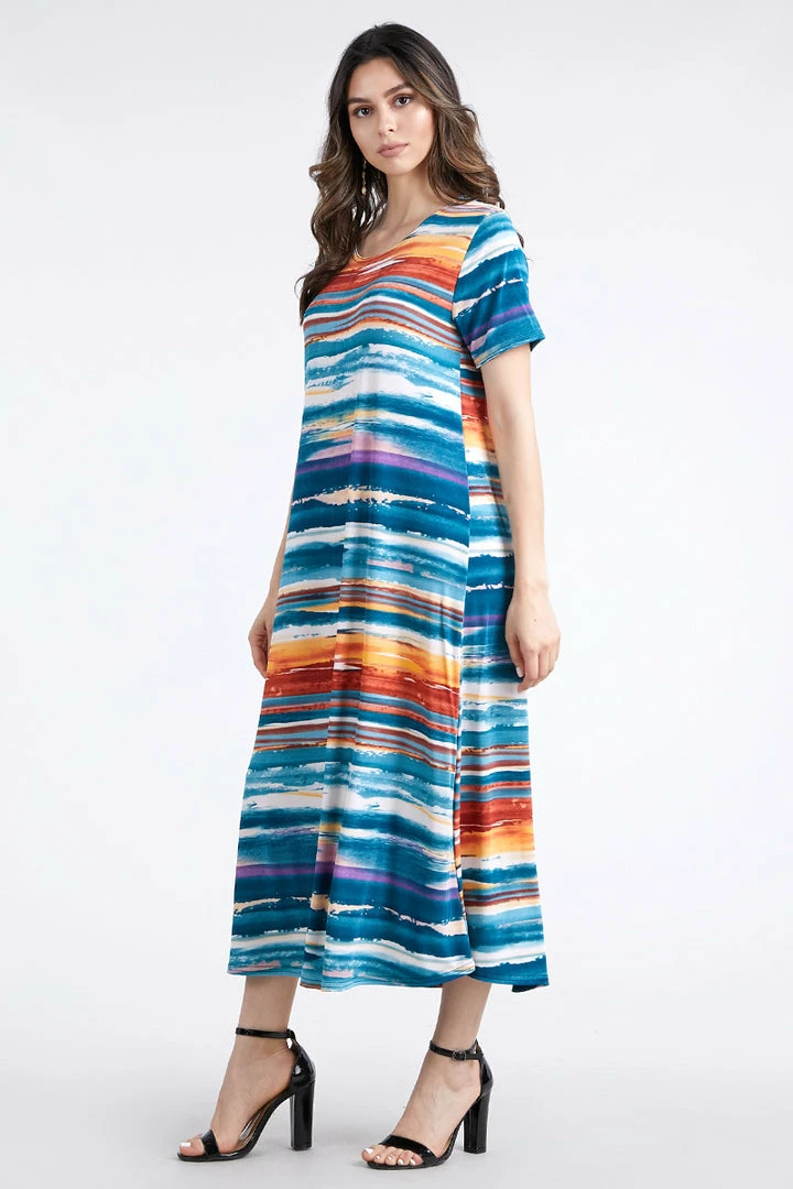 Jostar Stretchy Long Dress Short Sleeve Print-702BN-SRP1-W213 Long Length