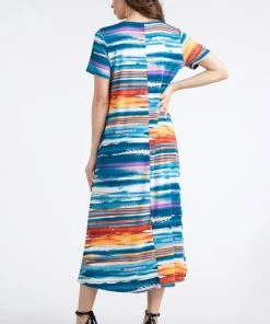 Jostar Stretchy Long Dress Short Sleeve Print-702BN-SRP1-W213 Long Length