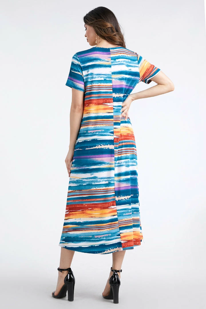 Jostar Stretchy Long Dress Short Sleeve Print-702BN-SRP1-W213 Long Length