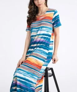 Jostar Stretchy Long Dress Short Sleeve Print-702BN-SRP1-W213 Long Length