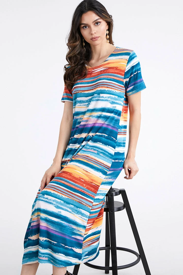 Jostar Stretchy Long Dress Short Sleeve Print-702BN-SRP1-W213 Long Length