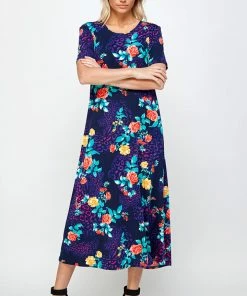Jostar Women's Stretchy Long Dress Short Sleeve Print-702BN-SRP1-W301 Dresses
