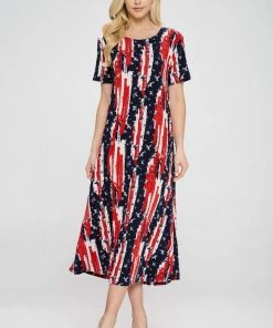 Jostar American Print Long Dress Short Sleeve -702BN-SRP1-W306 Dresses