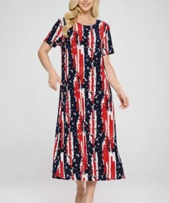 Jostar Plus Size American Print Long Dress Short Sleeve Plus- 702BN-SXP1-W306
