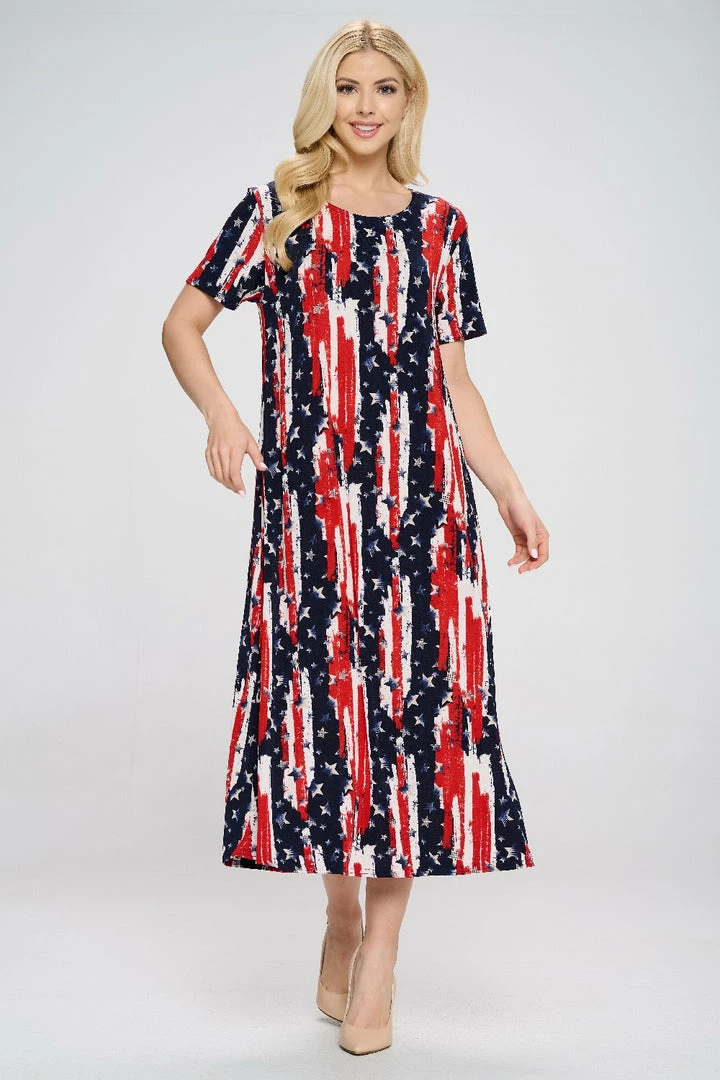 Jostar Plus Size American Print Long Dress Short Sleeve Plus- 702BN-SXP1-W306